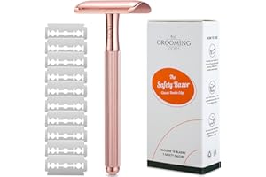 THE GROOMING SOCIETY Single Blade Razor with 10 Double Edge Safety Razor Blades Refill, Metal Razor for Men Women, Zero Waste Reusable Eco-Friendly Razor for Close Smooth Shave - Rose Gold
