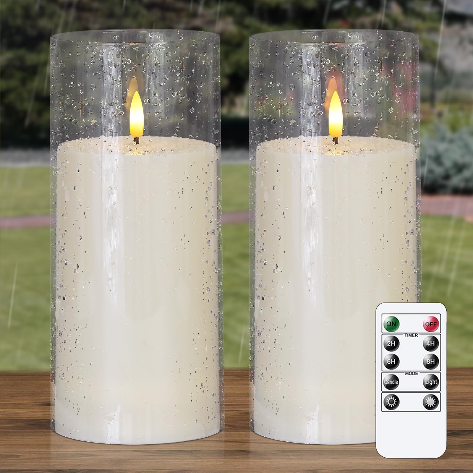 Photo 1 of Zevanor 4" x 9" Large Flameless Pillar Waterproof LED Acrylic Candles with Remote Control, Flickering 3D Wick Timer Function Battery Operated Ivory Plastic Set of 2 Outdoor Warm Light