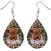 Highland Cow Purple Flowers Earrings - Teardrop Earrings - Raindrop Earrings - Western Earrings - - Wood Printed Earrings