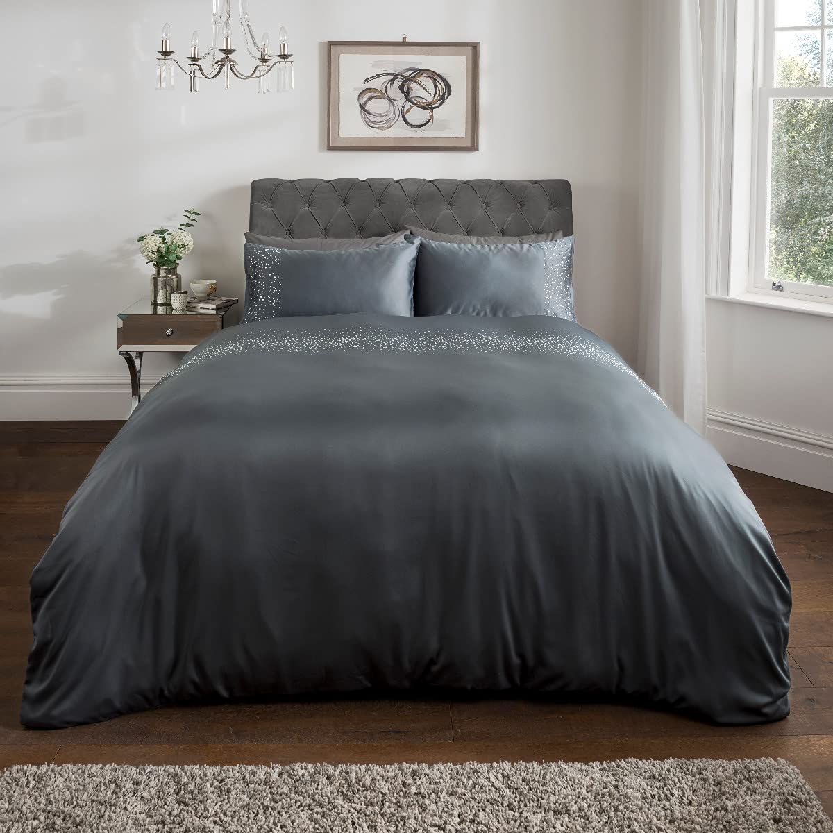 Sleepdown Gem Embellished Sateen Charcoal Grey Duvet Cover Quilt and Pillow Cases Bedding Set Soft Cosy - Charcoal Grey, King (230 cm x 220 cm), King
