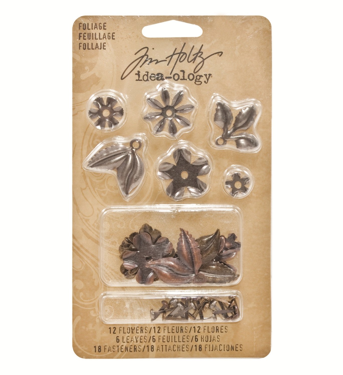 Tim Holtz Idea-Ology .375-inch to 1-inch Metal Foliage with Fasteners 1, Pack of 8 Antique Nickel, Brass and Copper