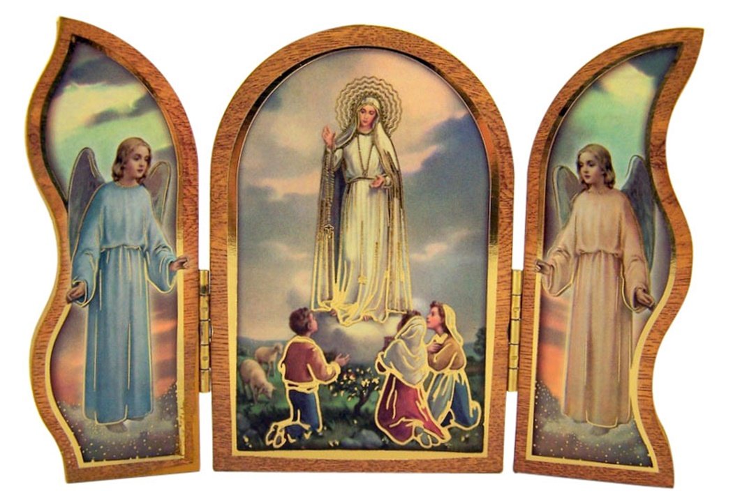 Gold Embossed Our Lady of ima Icon Folding Wooden Triptych, 3 1/2 Inch