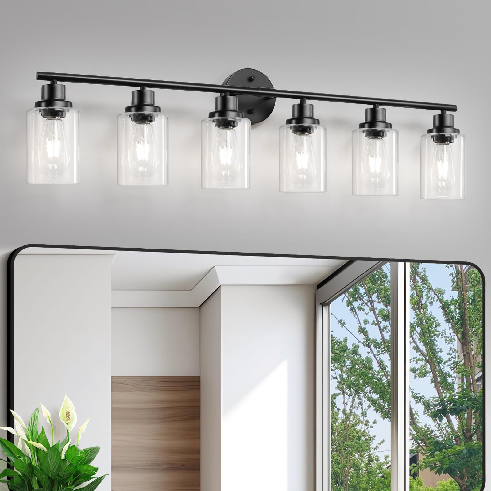 Photo 1 of Guliaofo 6-Light E26 Black Bathroom Vanity Lights, Modern Bathroom Light Fixtures with Clear Glass Shade, Wall Lamps for Mirror Hallway Kitchen Cabinet Living Room Sconces Lights
