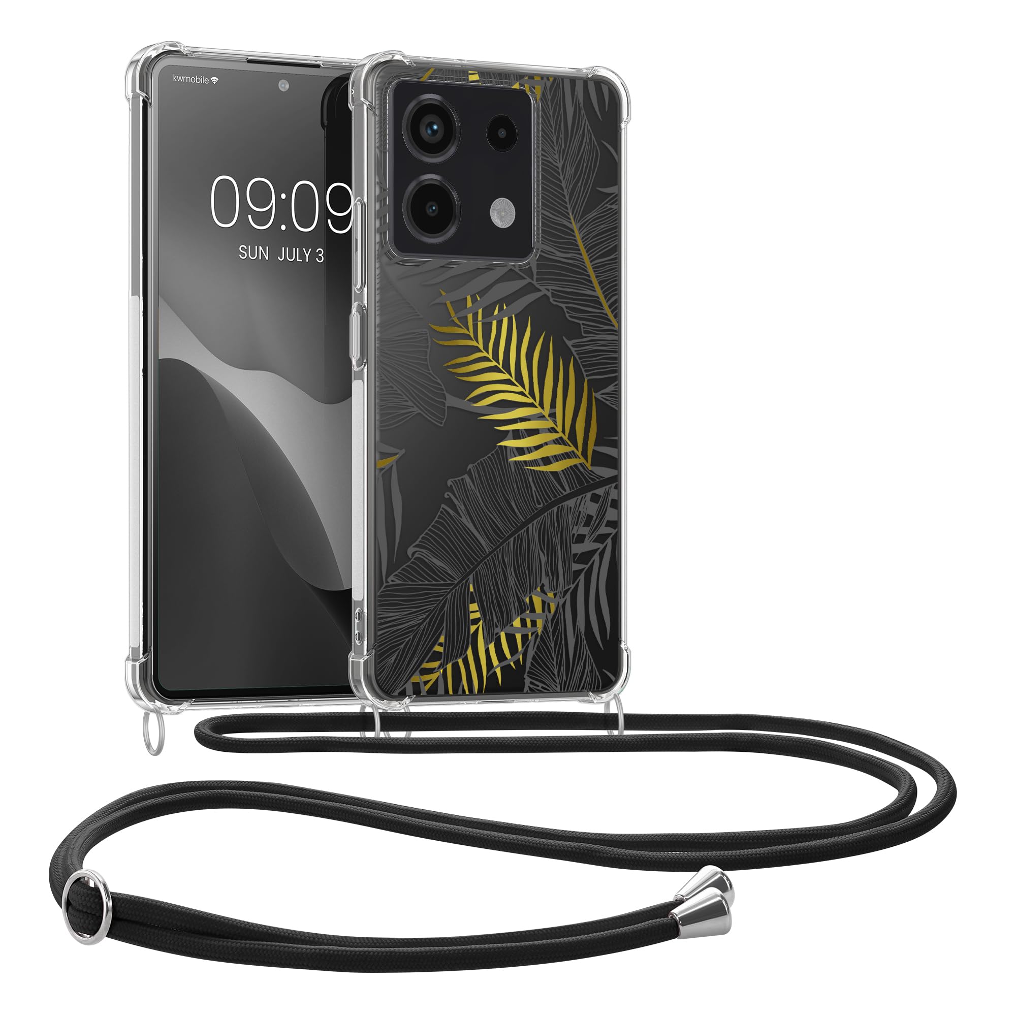 kwmobile Crossbody Case Compatible with Xiaomi Redmi Note 13 4G Case Strap - Palm Leaves Yellow/Grey/Transparent