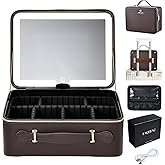 Leather Makeup Case with LED Lighted Mirror 11.4 Inch Travel Makeup Bag Adjustable Brightness in 3 Colors Cosmetic Organizer Artist Storage Bag with Dividers Brush Holder Bag Vanity Dark Brown
