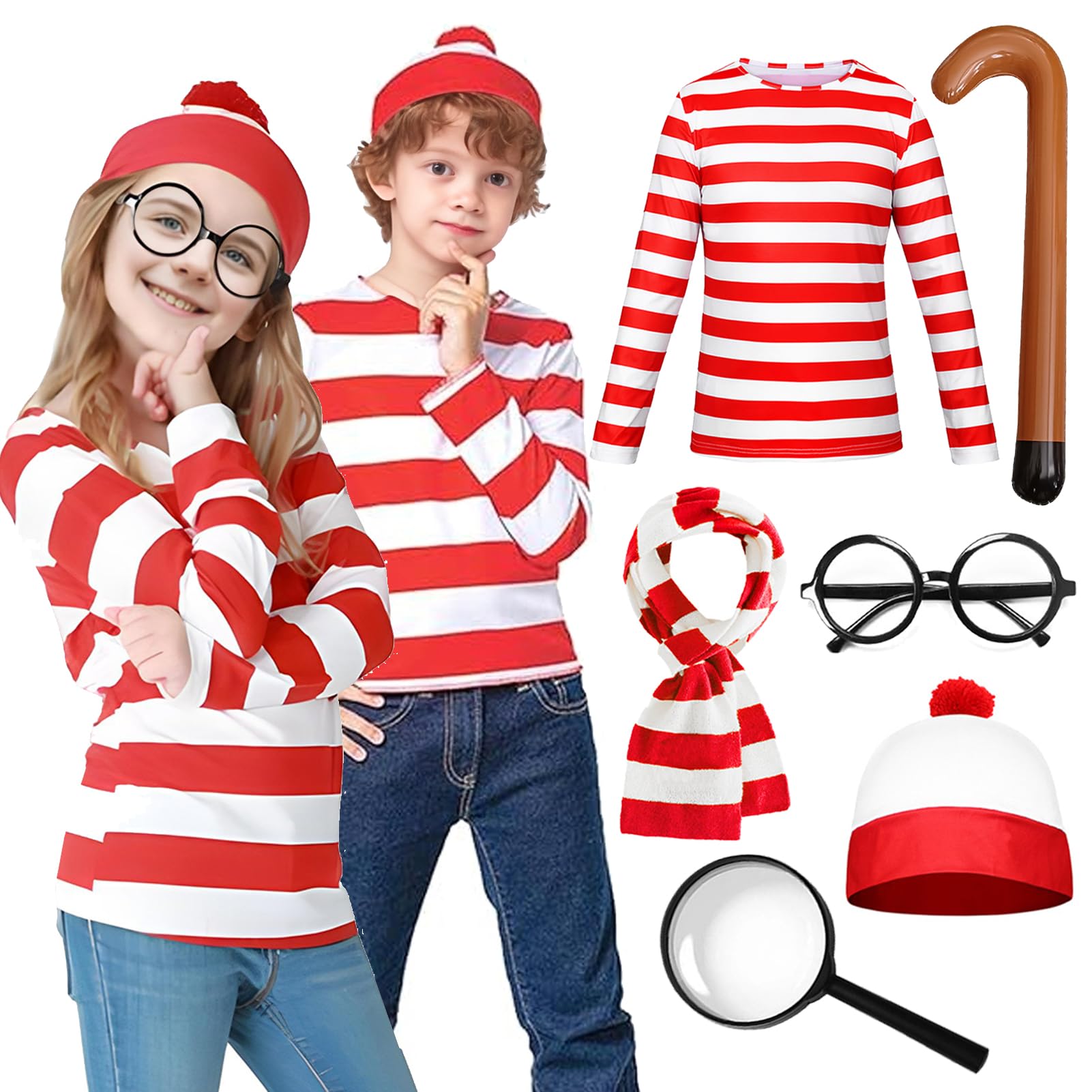 Maryparty Wally Costume Set Long Sleeve Red & White Stripe Top + Red & White Bobble Hat + Black Nerd Glasses Fancy Dress Costume Set for World Book Day (Kids, L)