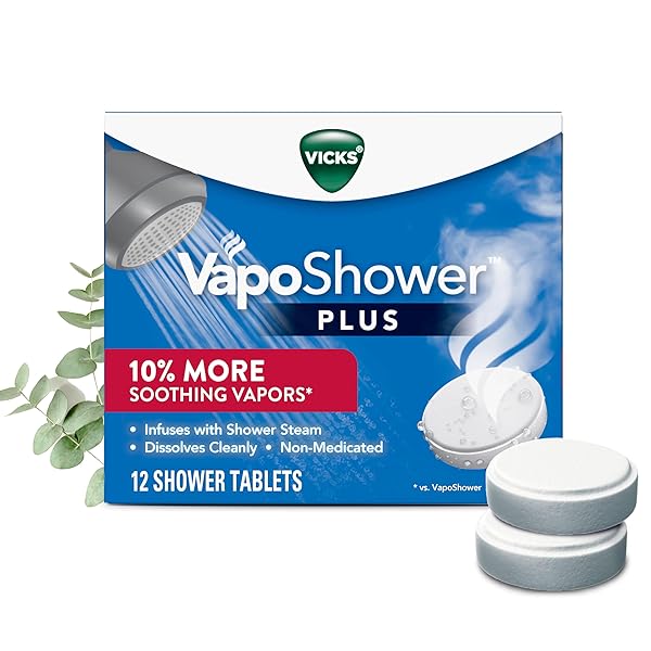VICKS, VAPOSHOWER PLUS, SHOWER STEAMERS, EUCALYPTUS SHOWER STEAMER & MENTHOL SCENT, CLEAN DISSOLVING VAPOR SHOWER TABLETS, AROMATHERAPY SHOWER STEAMER & SHOWER BOMBS, 12 COUNT