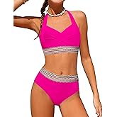 Girls Swimsuits Two Piece Bikini Set Criss Cross Halterneck Woven Contrast Trim Bathing Suits for 9-16Y
