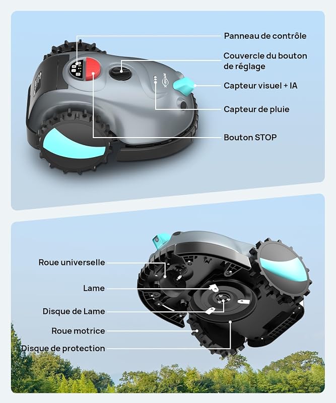 V100 Robot Tondeuse sans Fil Périphérique, avec Caméra, évitement d'obstacles, Navigation Visuelle, 150㎡ Robot Tondeuse Gazon Batterie 4 Ah, avec Lames de Rechange, Coupe en Spirale