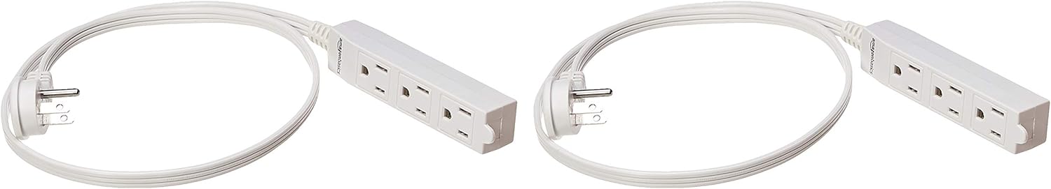 Basics Indoor 3 Prong Extension Power Cord Strip - Flat Plug, Grounded, 3 Foot, Pack of 2, White - - 