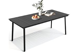 VredHom 70 Inch Outdoor Patio Dining Table for 6 with Wood-Like Top & Umbrella Hole, Black All-Weather Deck & Backyard Table