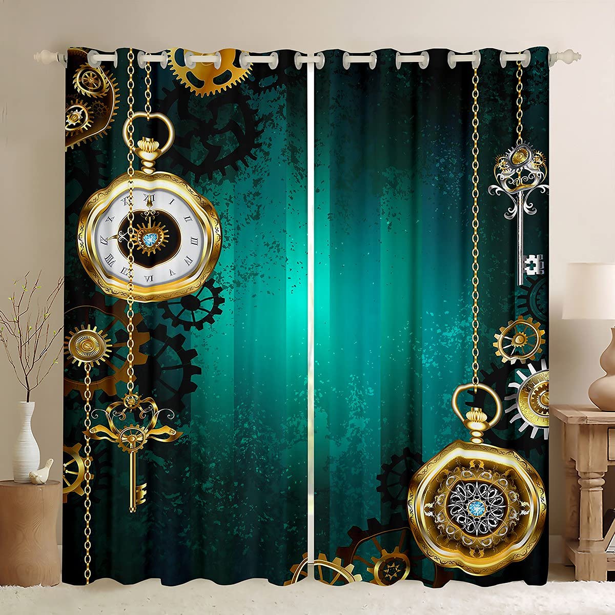 Loussiesd Steampunk Jewelry Gold Watch Curtains for Kids Girls Boys Clock Gears Window Drapes Mechanical Chain Keys Window Curtains for Bedroom Retro Green Texture Window Treatments W46*L54 โ image 1