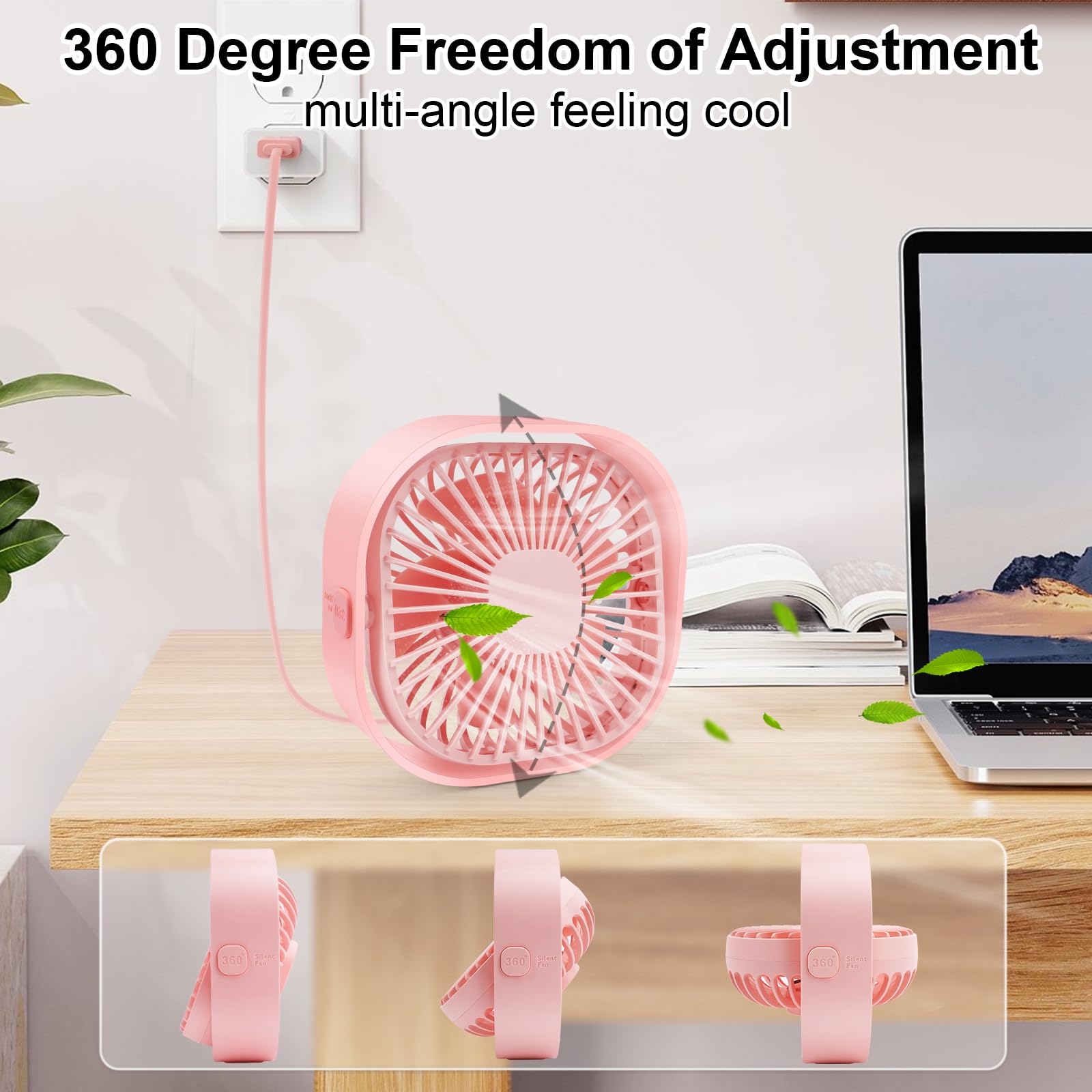 BSVI Desk Fan Portable Personal Desktop Mini Cooling Micro with Cable USB Powered 3 Speeds Quiet Small Table Fan for Home Office Study reading Bedroom Indoor Car Outdoor Travel (Pink)
