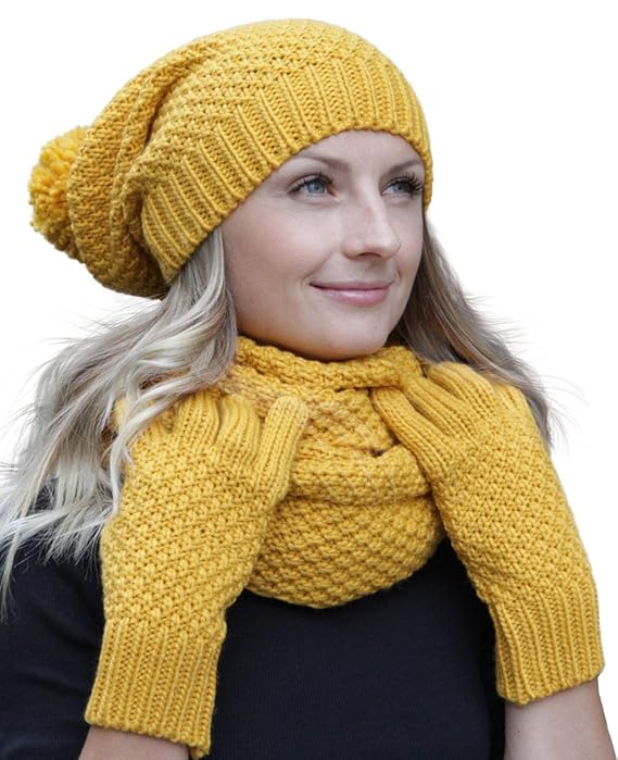 Hilltop Winter Kombi Set aus Winter Schal, passender Strickmütze/Beanie und wahlweise Handschuhe oder Handwärmer, 3-tlg, vers