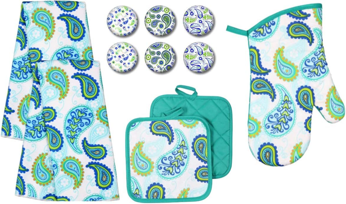 Modern Farmhouse Kitchen Decor Towel Set with Pot Holders Oven Mitt and Set of 6 Refrigerator Magnets Modern Farmhouse Decor (Blue and Green Paisley)