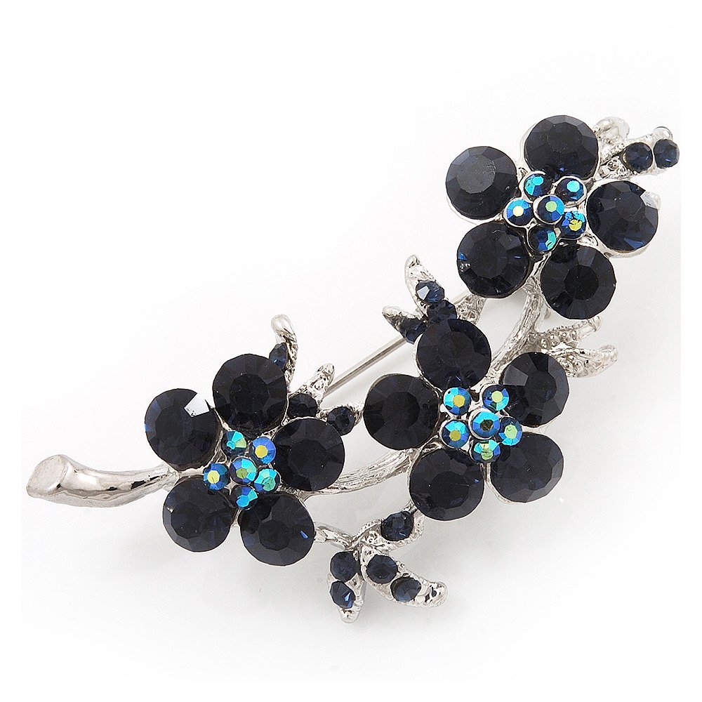 Diamante Floral Brooch (Silver&Dark Blue) - 5.5cm Length