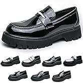Men's Fashion Black and White Two Tone Chunky Platform Penny Loafers Classic Slip-On Lug Sole Business Work Dress Shoes Daily Non-Slip Shock Absorbing Casual Shoes Large Size 5.5-14