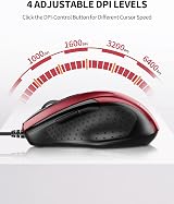 TECKNET Wired Mouse 6400 DPI 4 adjustable DPI 6-button Ergonomic USB Plug & Play view 2