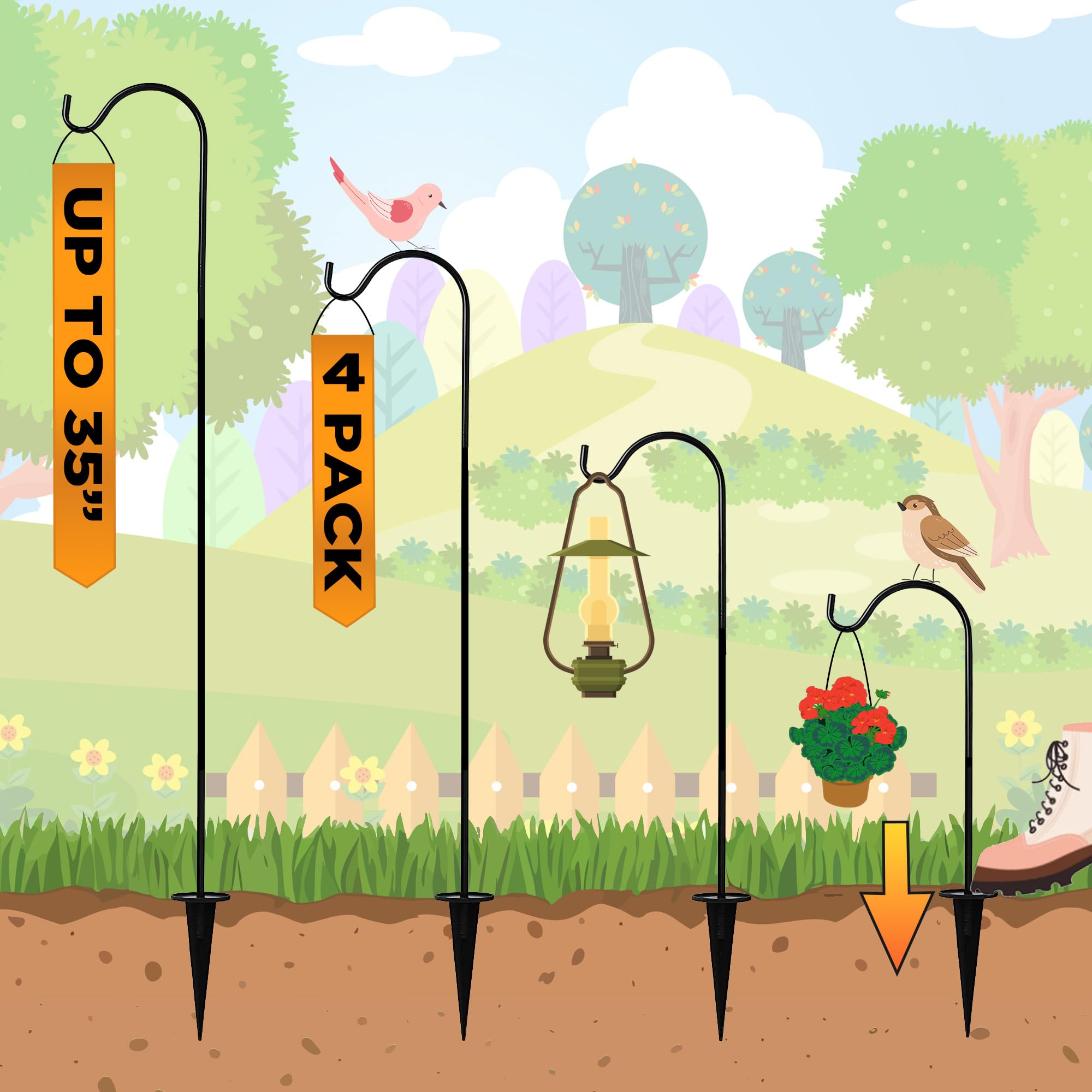 Shepherds Hooks for Outdoor - Set of 4 Adjustable Garden Poles for Bird Feeders, Solar Lanterns, Wind Chimes and Hanging Plants - Ground Stakes For Perfect Outdoor Landscape Decorations
