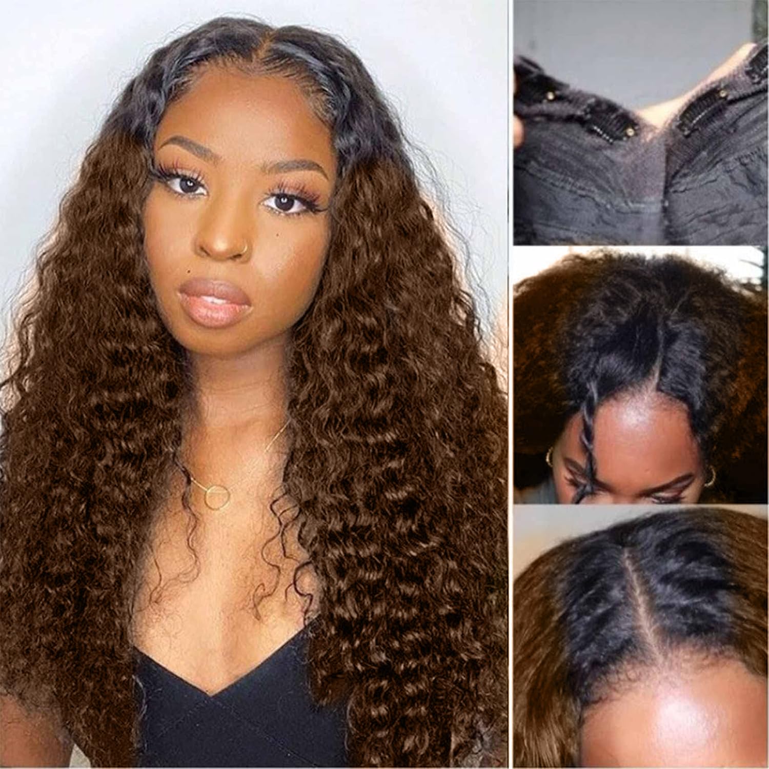 Ombre Brown V Part Curly Wigs Human Hair No Leave Out for Women,1b/30 10A Brazilian Balayage Highlight Glueless V Part Wigs with 5x2.5 inch Lace Beginner Friendly 180% Density 16inch