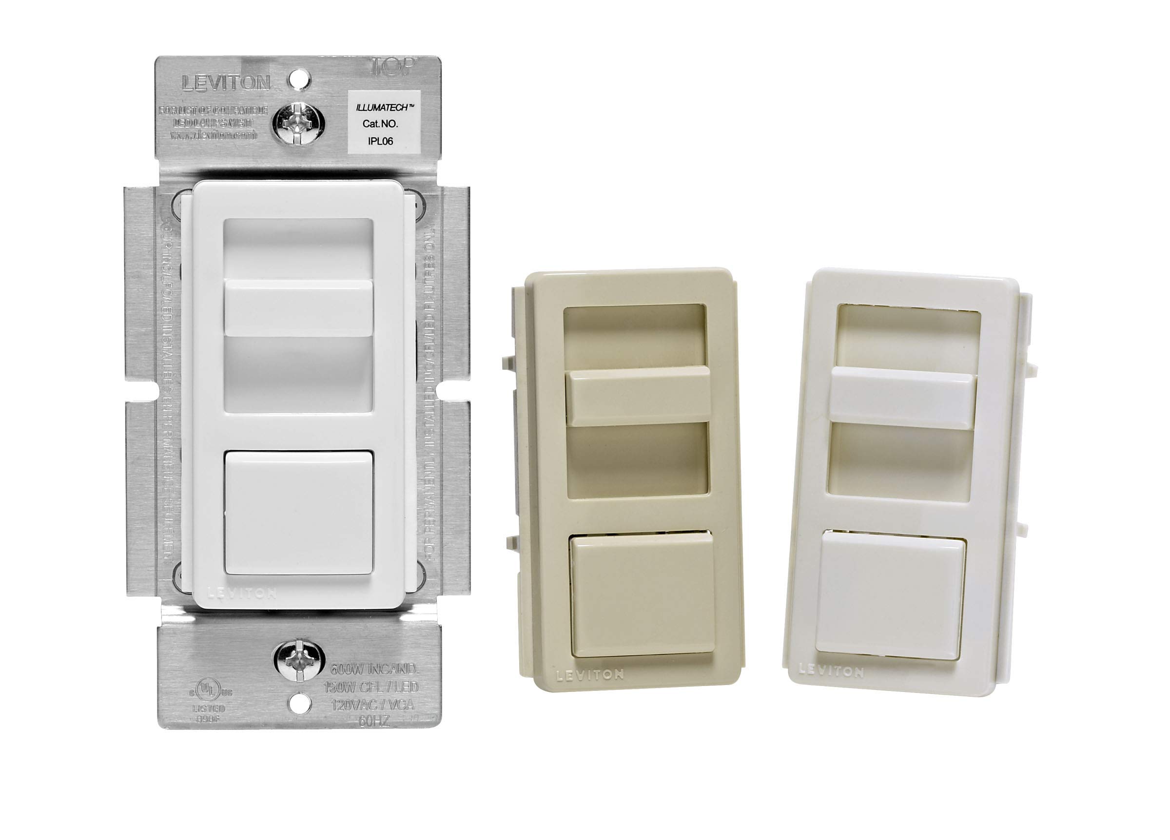 Photo 1 of Leviton IllumaTech Dimmer Switch for Dimmable LED, Halogen and Incandescent Bulbs, IPL06-10Z, White with Ivory and Light Almond Faceplates