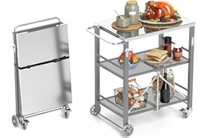 YORKING Foldable Outdoor Grill Cart, Stainless Steel 3 Tier Kitchen Cart with 2 Lock Wheels, Moveable BBQ Table Kitchen Island with Tool Hooks, Bottle Opener, for Home Party, Bar, Camping, Grey