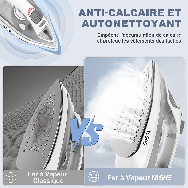 Fer à Repasser 2300 W avec Semelle Antiadhésive à Chauffage Rapide, Réservoir 300 ml, Débit de Vapeur Continu de 25 g/min, Fonction Pressing de 150 g/min, Autonettoyant, Anti-goutte