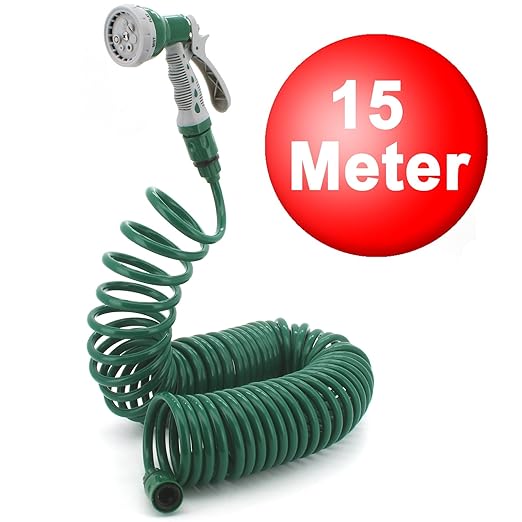 title=TUBO FLESSIBILE A SPIRALE MOLLA 15 MT CON PISTOLA PER INNAFFIARE GIARDINAGGIO