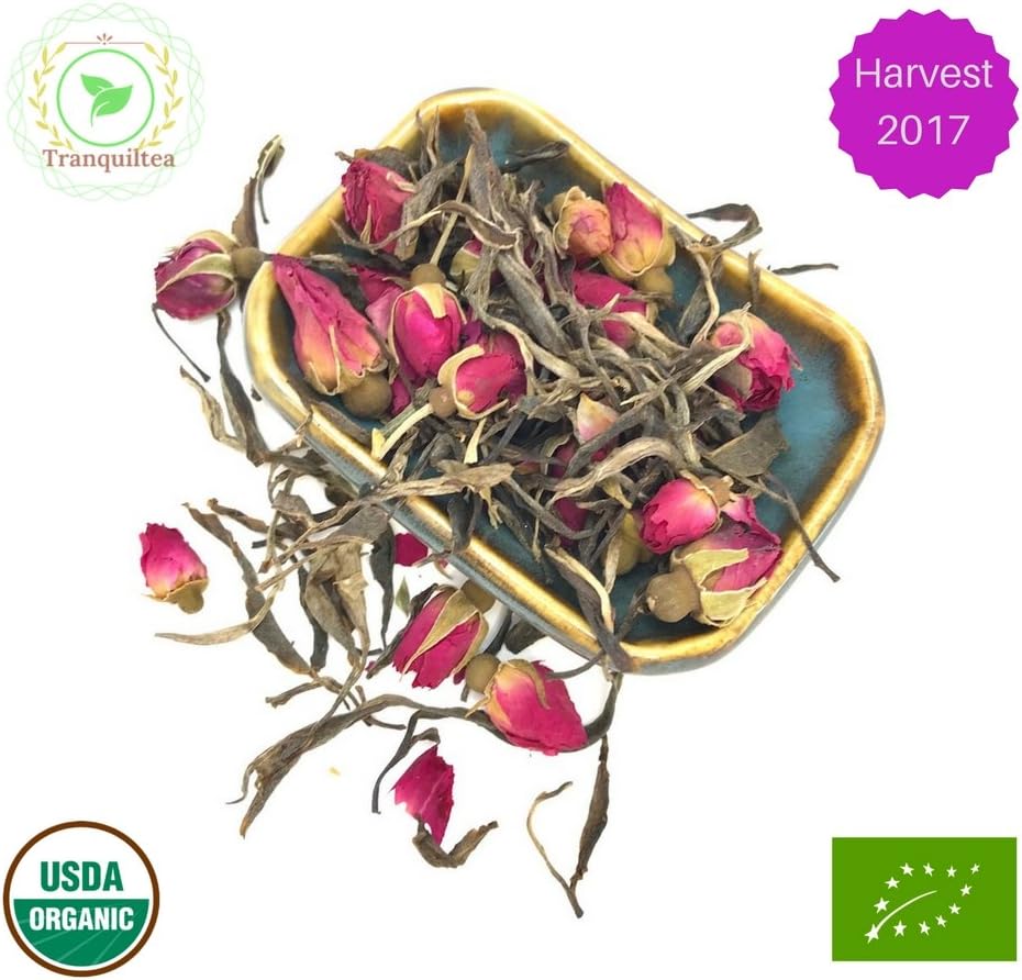Tranquil tea, Organic Raw Pu erh Rose Buds Tea, 1.1oz., USDA Organic Certified, EU Standard,Premium Loose Tea Leaf, Whole-Dried, Rose Buds, Black Tea, Blended Tea, Deep Woodsy Flavor, Lingering, Ambro