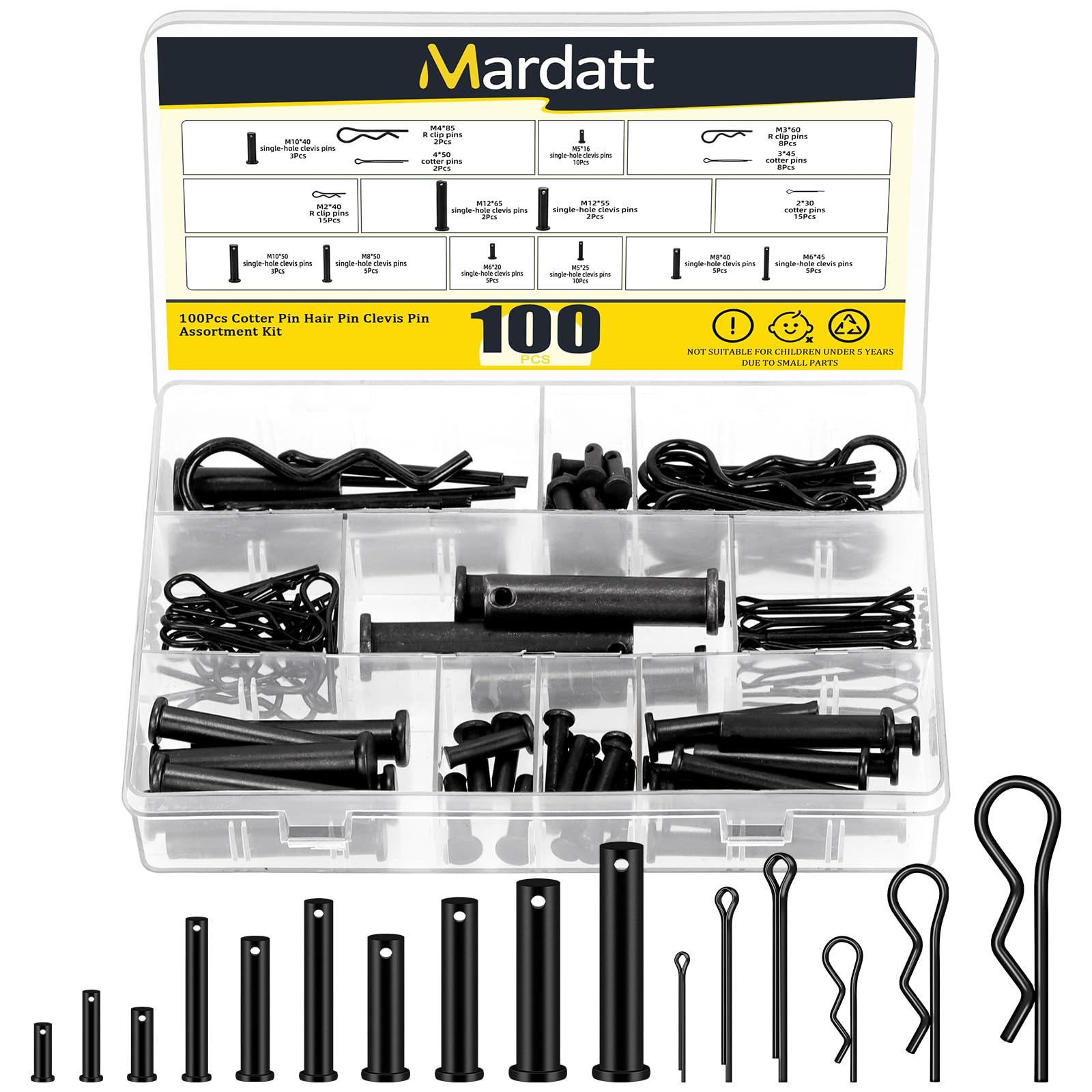 Mardatt 100Pcs Carbon Steel Clevis Pin Cotter Pin R Pin Assortment Kit, Include 10 Sizes M5 M6 M8 M10 M12 Flat Head Single Hole Clevis Pins and M2 M3 M4 Split Cotter Pins/ R Clips