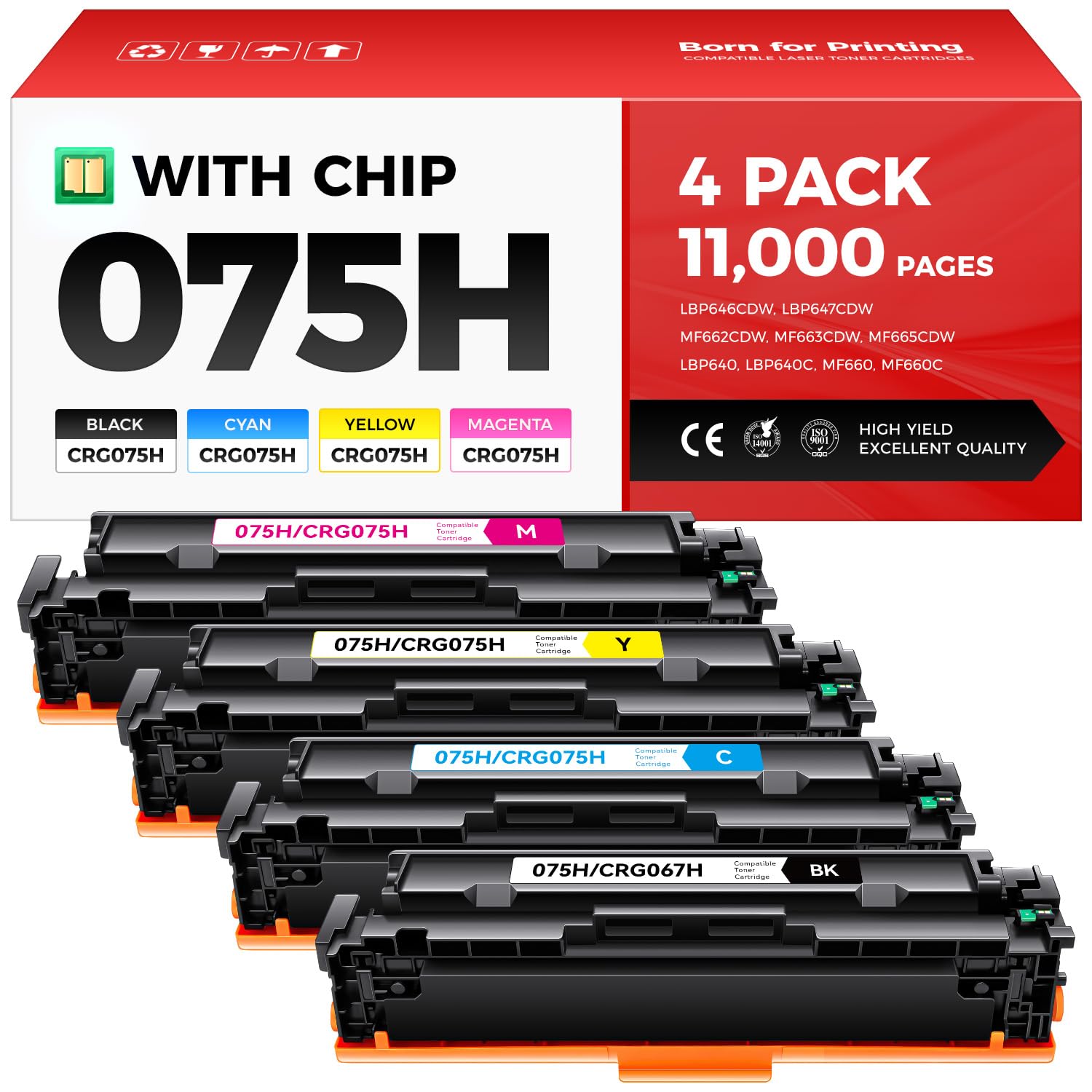 Photo 1 of 075H Toner Cartridge Set 4-Pack High Yield with Chip Compatible Replacement for Canon 075 075H for Canon Color imageCLASS MF662Cdw MF663Cdw MF665Cdw LBP646Cdw LBP647Cdw LBP640 MF660 Printer Ink Black