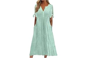 ROKIACDE Midi Dresses for Women Wedding Guest,Trendy Plus Size Button Up Short Sleeve Summer Sexy V Neck Cold Shoulder Dress