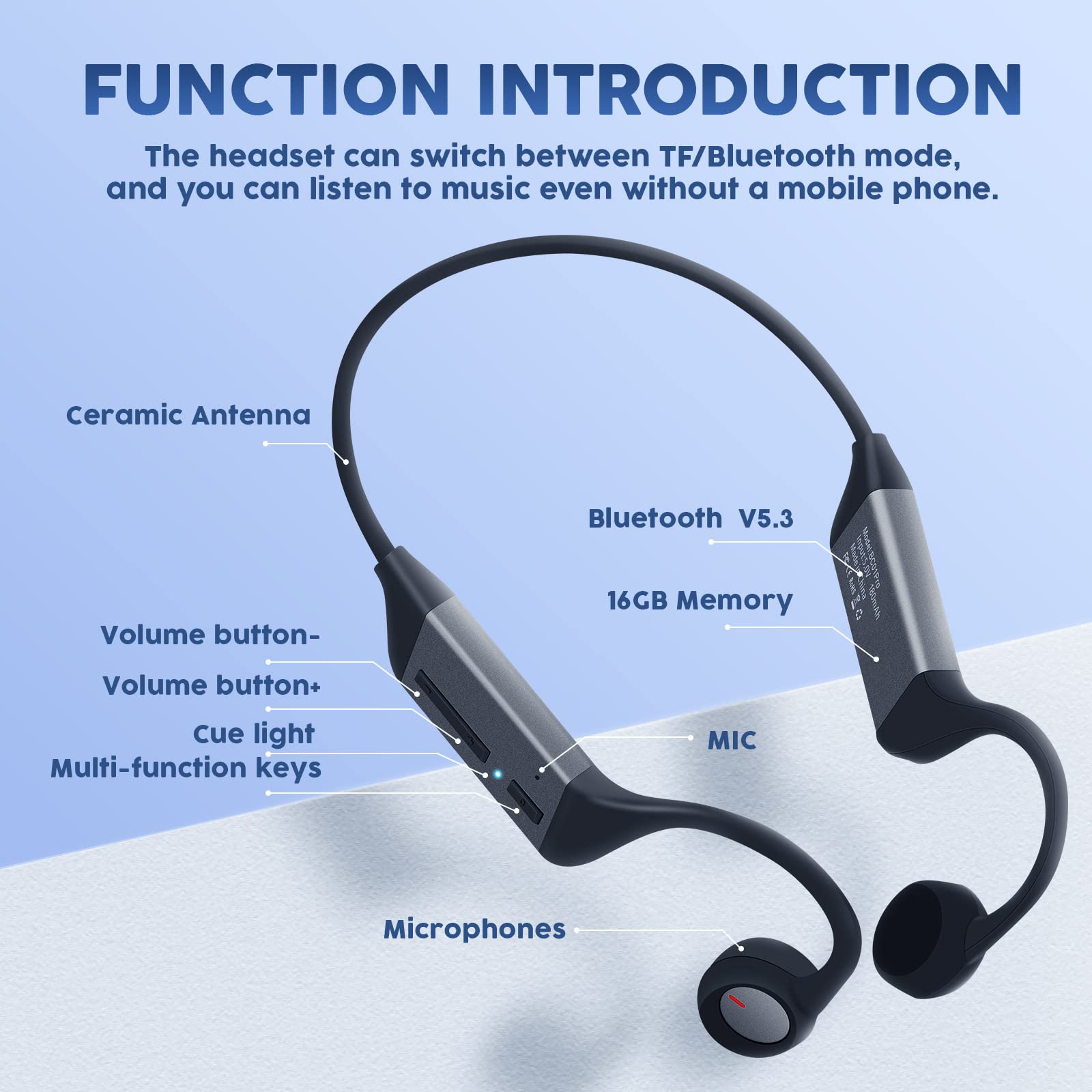 Wigfar Bone Conduction Headphones Bluetooth, Built-in 16GB Memory Bluetooth 5.3 Open Ear Headphones Wireless Bluetooth, Intelligent Voice Waterproof 8 Hr Battery Life for Running, Driving, Calling