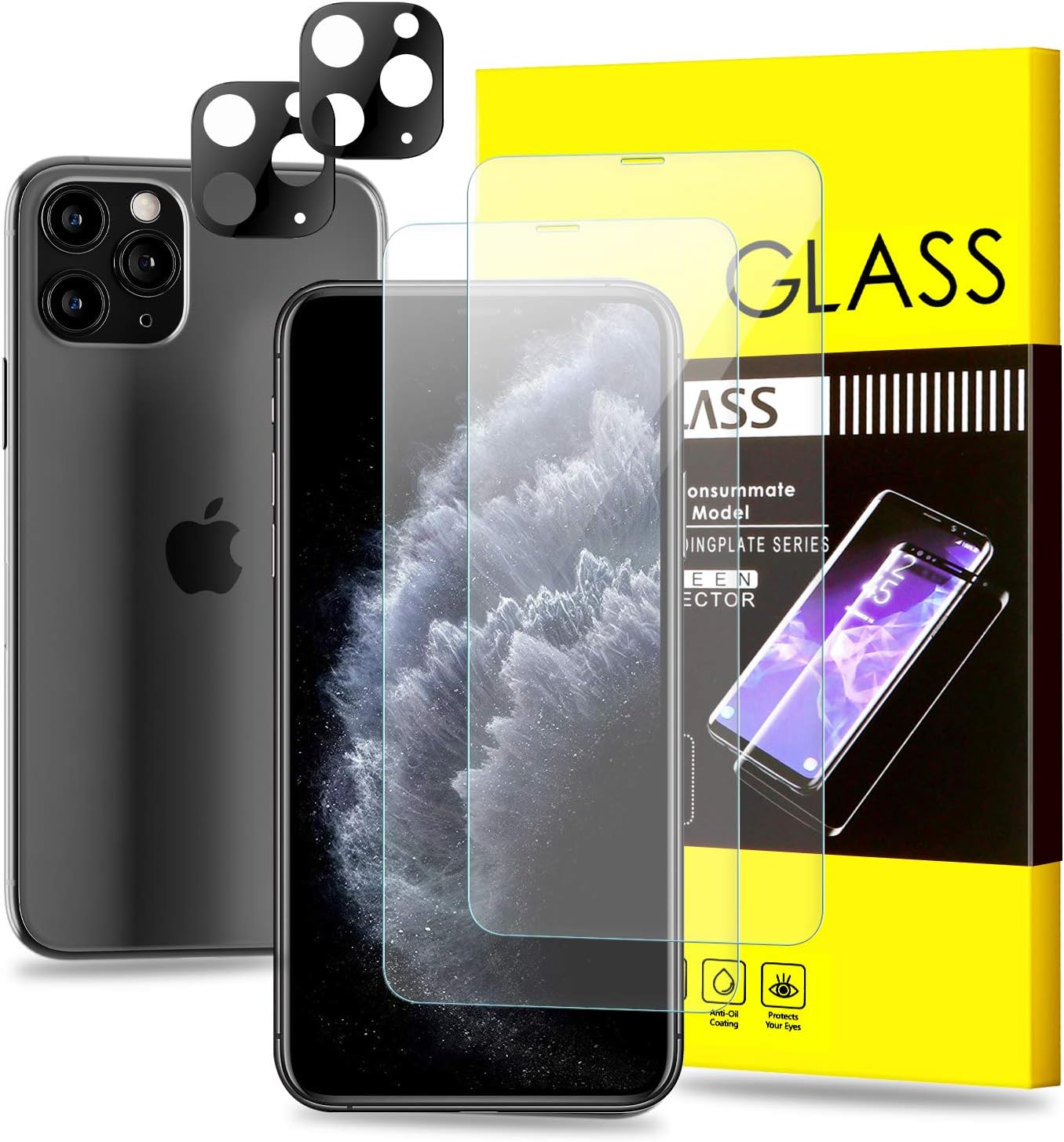 [4 Pack] QUESPLE 2 Pack Tempered Glass Screen Protector + 2 Pack Camera Lens Protector for iPhone 11 Pro Max(6.5 inch),[Bubble Free HD Clarity Anti-Scratch] 9H Glass Screen Protector