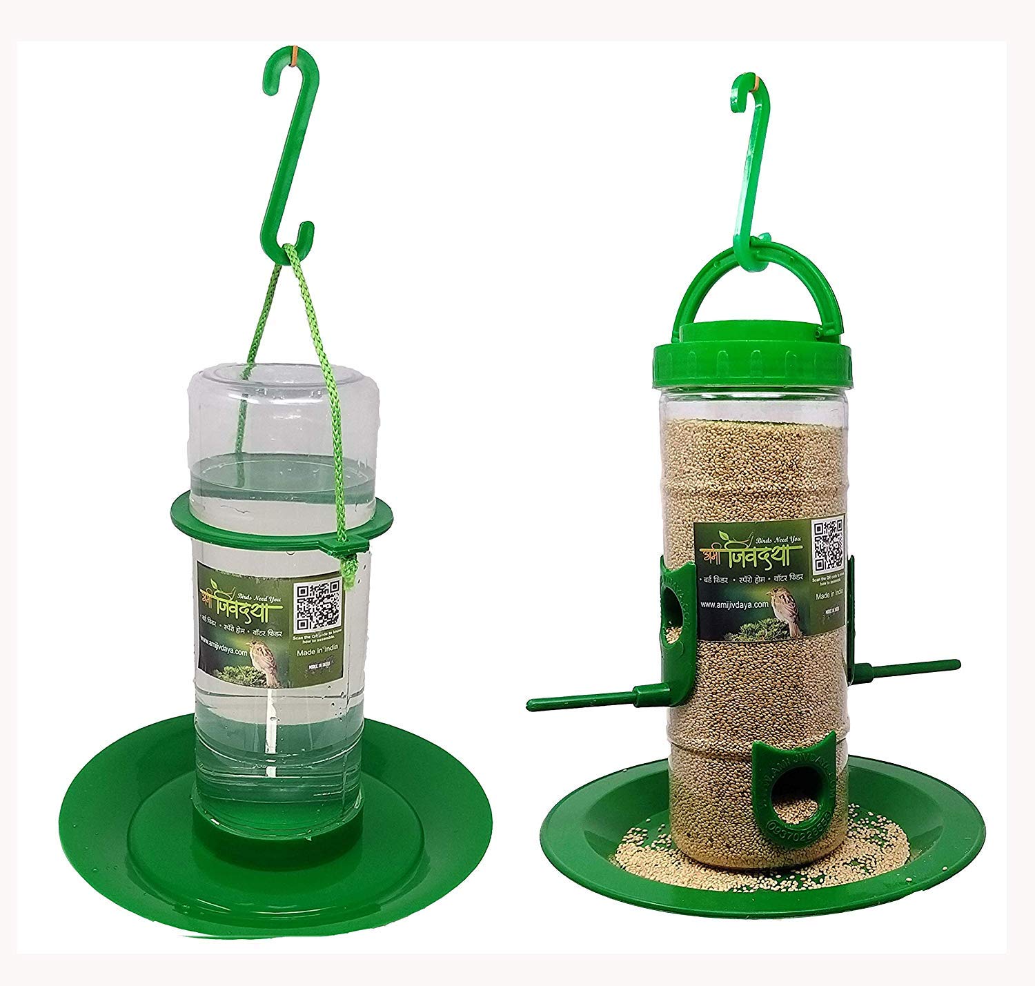 Amijivdaya Medium Bird And Water Feeder Combo Green Transparent
