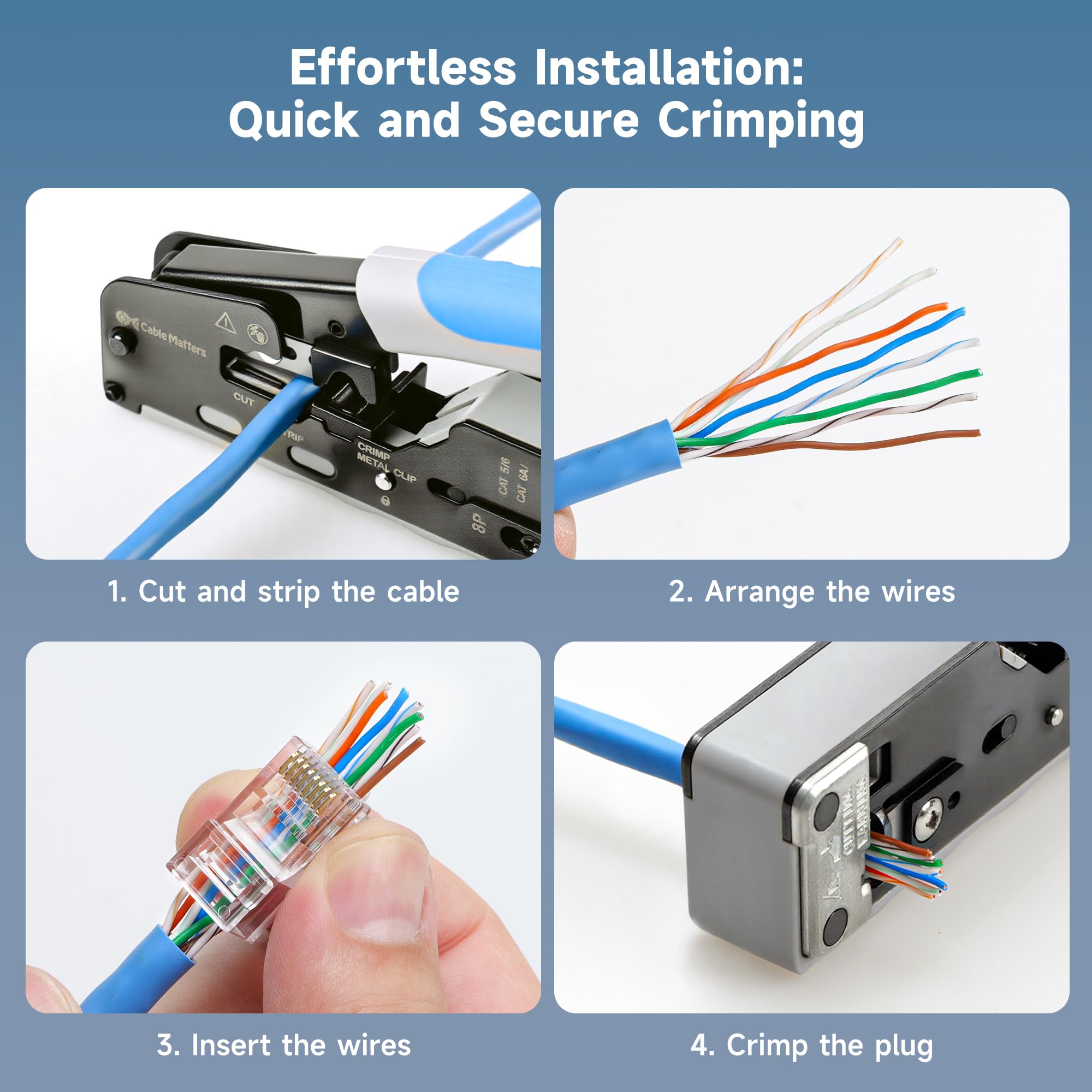 Cable Matters 100-Pack Cat 6 Pass Through RJ45 Connectors, 50µ Gold Plated (Cat 6 Ends / Cat6 Connector /RJ45 Modular Plugs/Ethernet Plugs/Network Connector) for Solid or Stranded UTP Ethernet Cable
