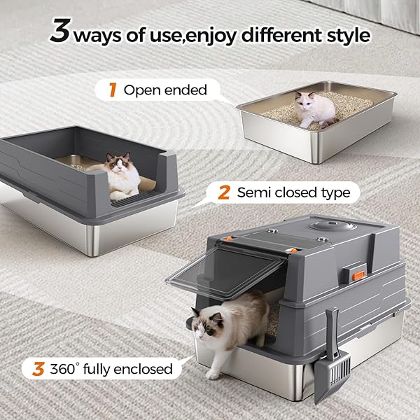 XXXL STAINLESS STEEL LITTER BOX WITH LID,28″ L X 20.5″ W X 16.5″ H EXTRA LARGE CAT LITTER BOX ENCLOSURE FOR LARGE AND MULTI-CATS FAMILIES,NON-STICKY, ANTI-LEAKAGE, EASY TO CLEAN(GRAY)