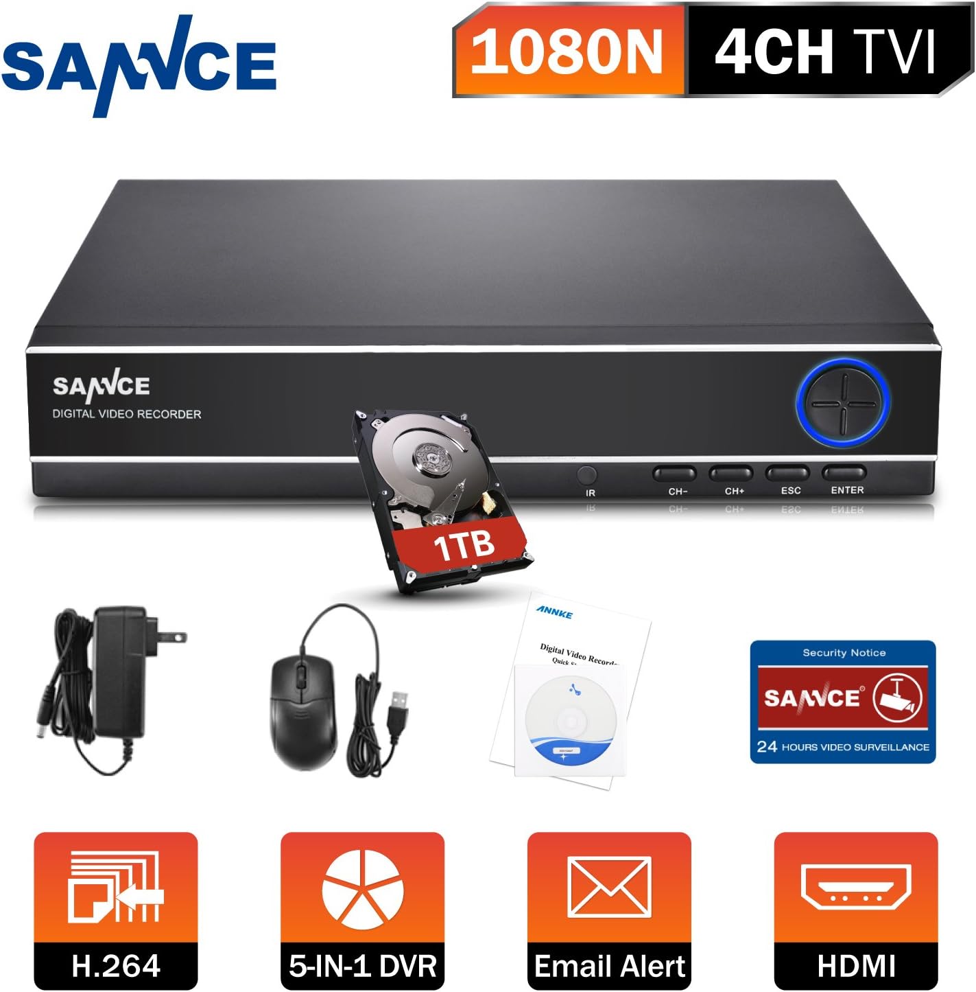 SANNCE TVI DVR 1080P Lite 4 Canali 1080N Videoregistratore Network Digital Video Recorder H.264
