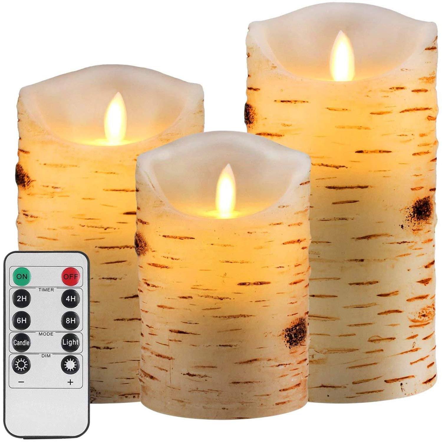 Aku Tonpa Birch Bark Effect Flameless Candles Battery Operated Pillar Real Wax Flickering Electric LED Candle Sets with Remote Control Cycling 24 Hours Timer, 4" 5" 6" Pack of 3