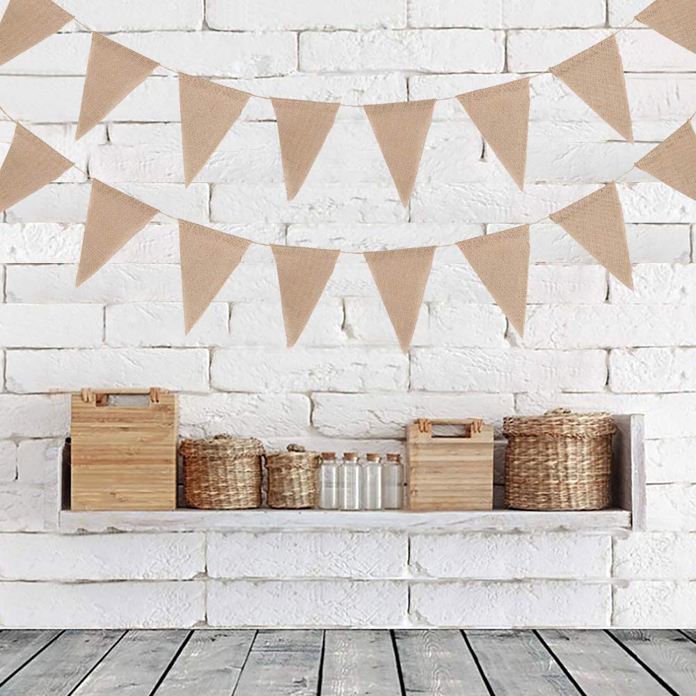 Dandelionsky 10Meters 48Pcs Hessian Bunting Flags Vintage Wedding Bunting Flags Fabric Rustic Streamer Burlap Flag Banner for Wedding Party Birthday 18x18x13cm (Linen)