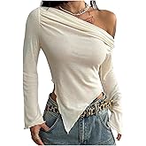 OYOANGLE Women's One Shoulder Going Out T Shirt Ruched Asymmetrical Crop Top Long Sleeve Y2k Tube Tops