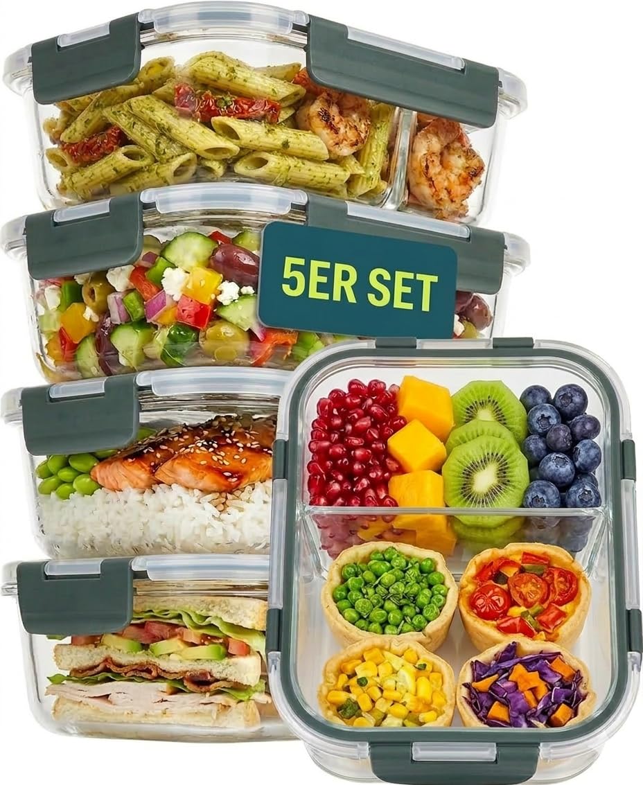 uandu Glasbehälter mit Deckel, 10- teilig, mit 2 Fächern, Borosilikatglas mit Deckel, Meal prep Gläser, Frischhaltedosen Glas mit Deckel, Glasdosen mit Deckel Set, Meal prep Boxen 5 Behälter+5 Deckel