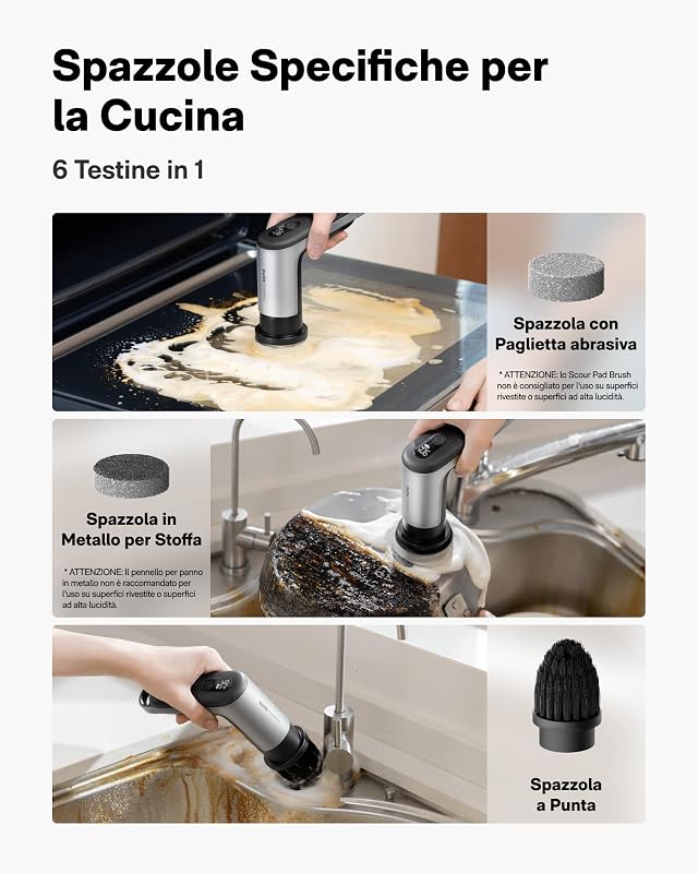 Grip™ Spazzola Elettrica Rotante Pulizia Casa, 6 Testine