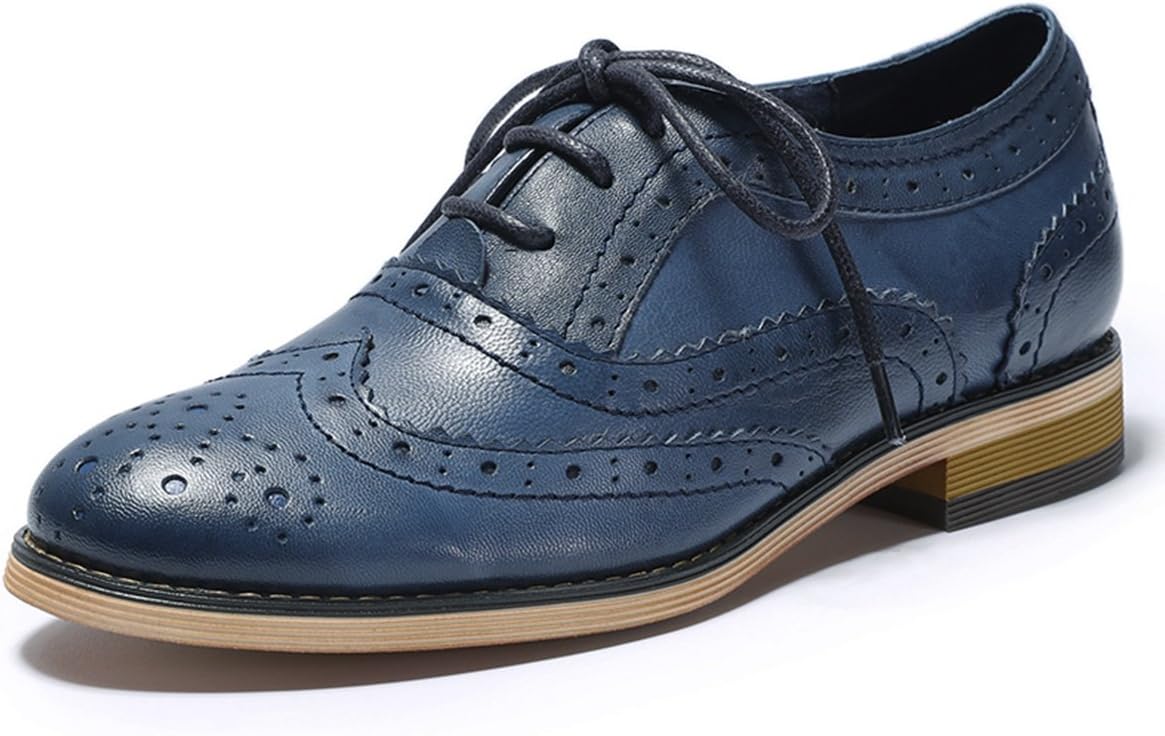 Mona flying Women's Leather Perforated Lace-up Oxfords Brogue Wingtip Derby Saddle Shoes for Girls ladis Women