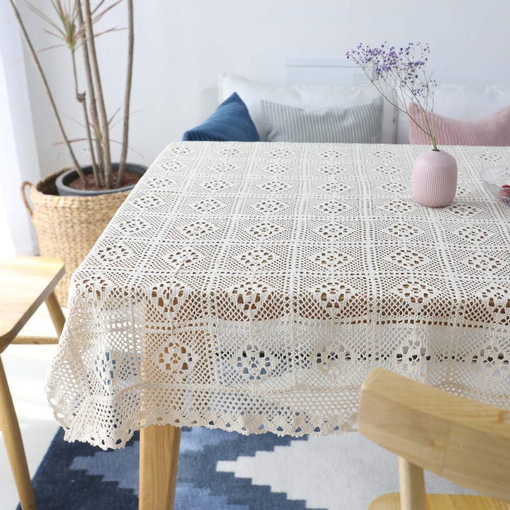 YEARLY Crochet Lace Tablecloth, Handmade Weaving Table Cover Hollow Macrame Lace Piano Furniture Tabletop Decoration Table Linens-beige 140x180cm(55x71inch)
