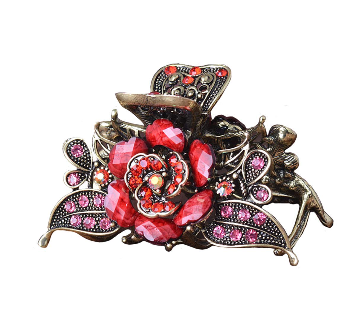 Fodattm Women Lady Retro Rose Flower Imitation Turquoise Hair Claw Clip Vintage Alloy Rhinestone Non-Slip Hair Jaw Clips Hairpin Hair Clamp (Red)