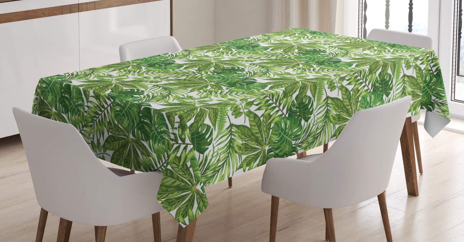 ABAKUHAUS Palm Leaf Tablecloth, Mix of Jungle Foliage Leaves Madagascar Aloha Botanical Forest Plant, ining Room Kitchen Rectangular Table Cover, 54 W X 78 L, Green Olive Green White