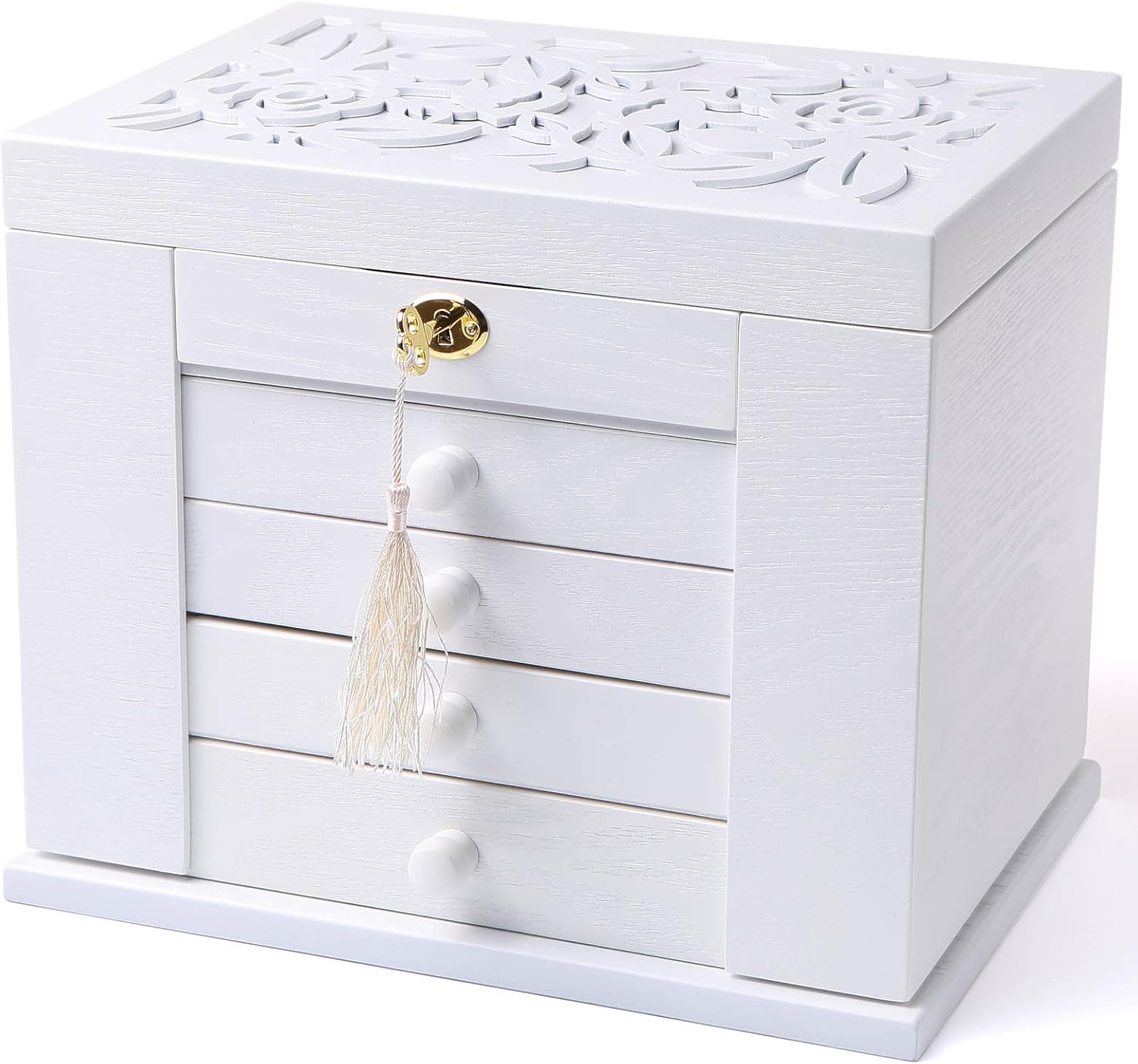 Changsuo Jewelry Box Organizer with Lock for Women Lockable Large Dresser Top Wooden Jewelry Storage Box (White): Home Improvement