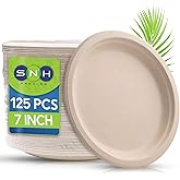 SNH Packing 100% Compostable Plates 7 Inch [125-Pack], Heavy Duty Dinner Paper Plates, Eco-Friendly Biodegradable Sugarcane Bagasse, Natural Brown Disposable Plates for Dessert, Party, BBQ & Picnic