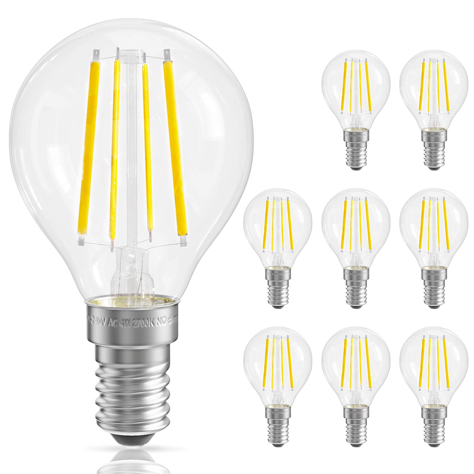 QNINE 8-Pack Warm White E14 LED Light Bulb, 4W (40W Equivalent), SES Golf Ball Bulb, 2700K, Non-Dimmable